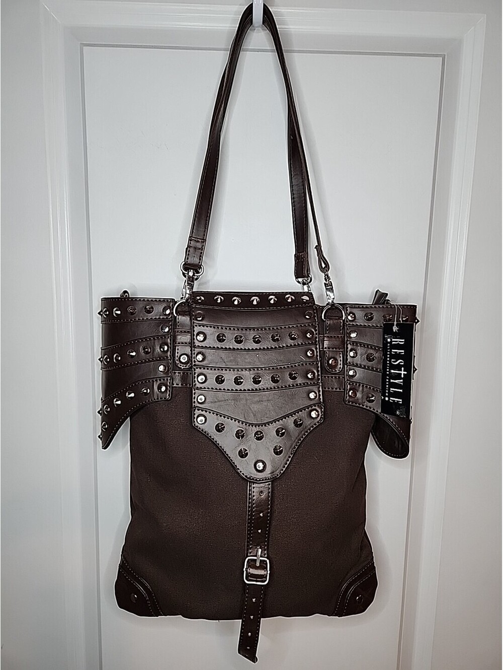 Restyle Brown Studded Bag Armor Steampunk Goth Rocker Medieval Purse Bag NWT - Picture 2 of 9